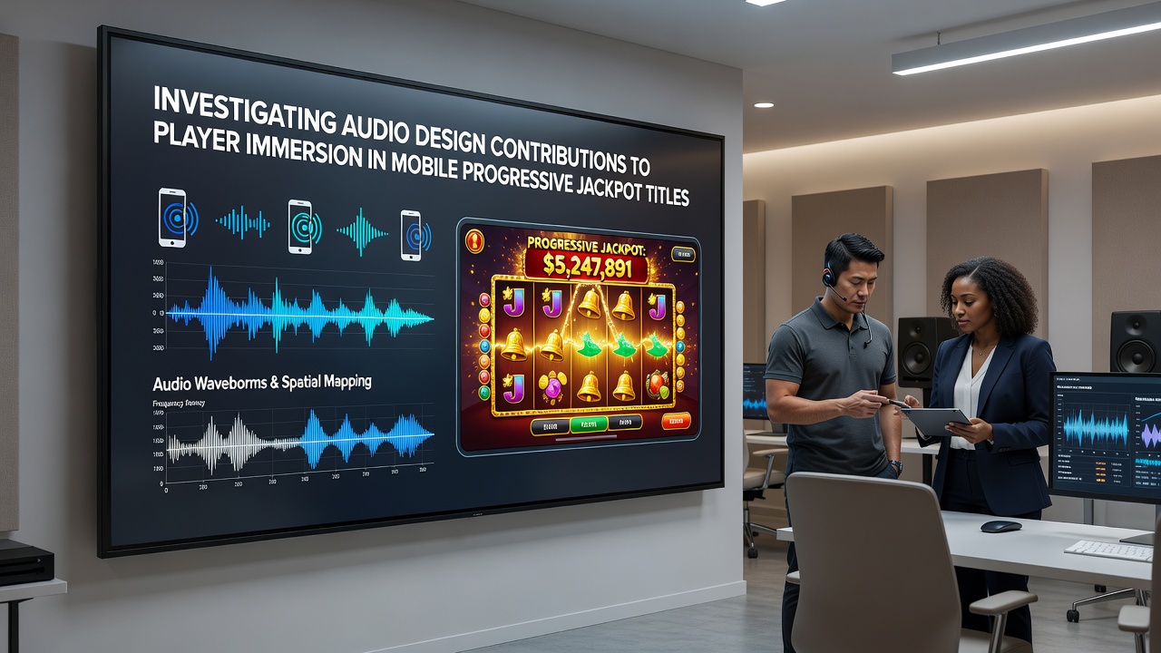Close-up view of mobile device showing progressive jackpot meter with overlaid waveform visualizations representing audio synchronization