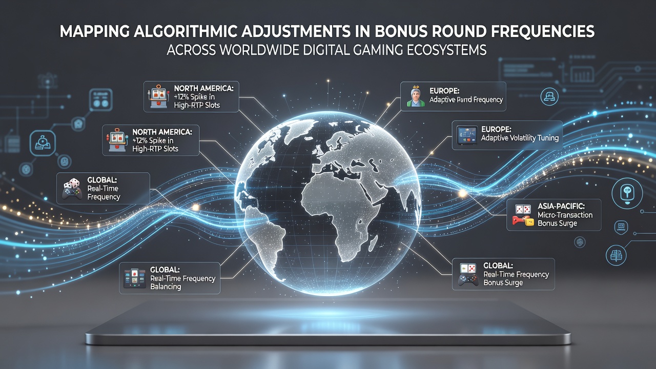 Global digital gaming platforms displaying varied bonus round frequency maps and algorithmic adjustment dashboards