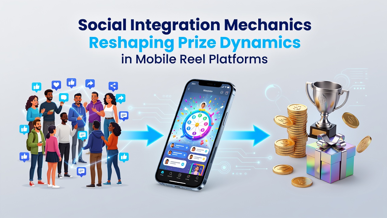 Mobile reel game interface showing social sharing features and community prize indicators on a smartphone screen