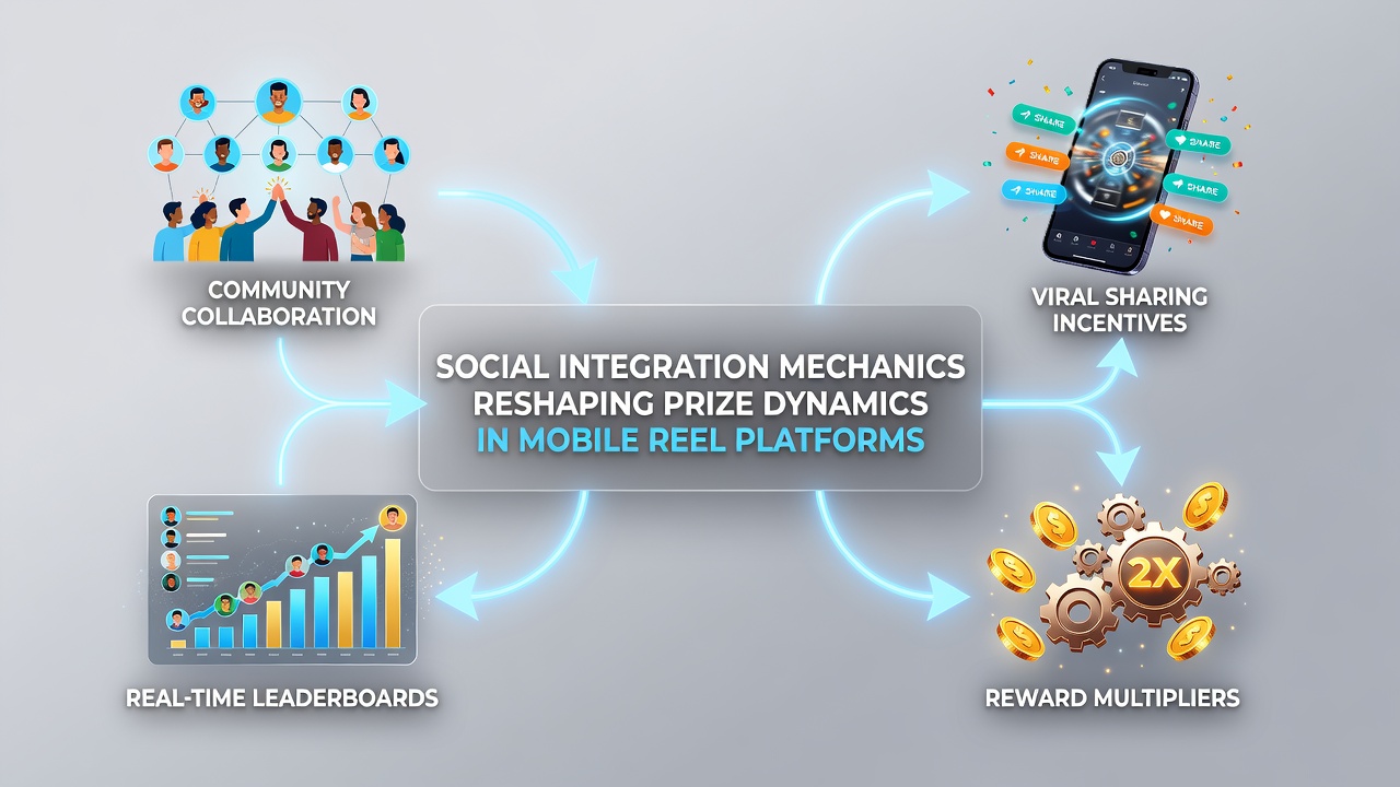 Diagram illustrating how social connections influence reel prize multipliers and shared reward pools