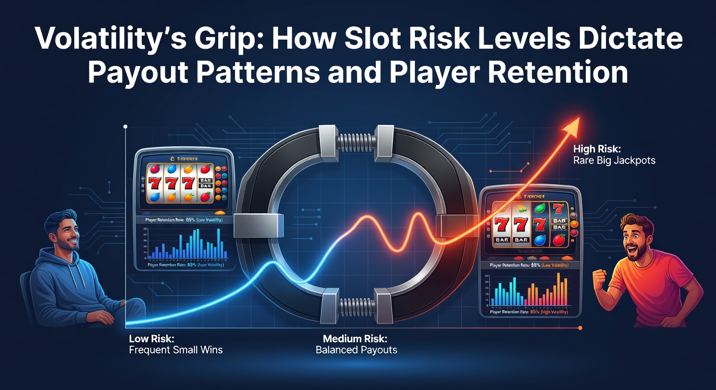 Colorful slot machine reels spinning with volatility indicators overlayed, showing low, medium, and high risk levels