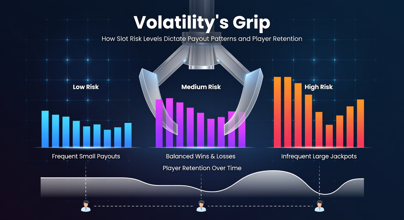 Graph comparing player retention curves for low, medium, and high volatility slots over time, with RTP lines overlaid